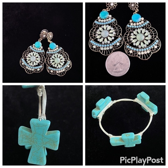 Vintage Jewelry - Faux Turquoise Jewelry Bundle Dangle Earrings + Bangle Bracelet OSFM